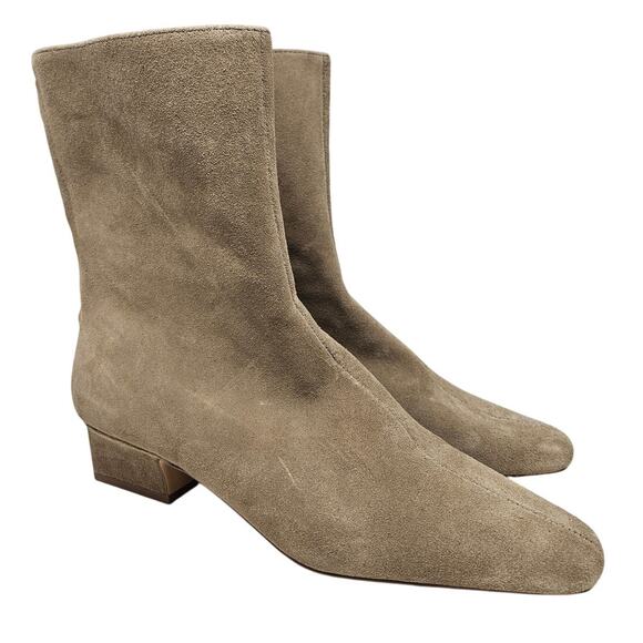 Ann Taylor 7.5 Brown Suede Ankle Boot Minimalist Boho Zip Up Low Heel Career - Picture 1 of 5